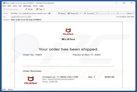 McAfee - Your Order Has Been Shipped Email Scam
