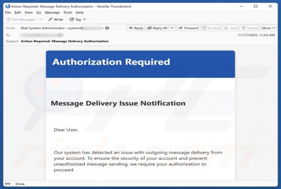 Authorization Required - Message Delivery Issue Notification Email Scam