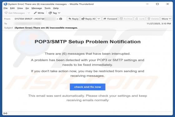 POP3/SMTP Setup Problem Notification Email Scam