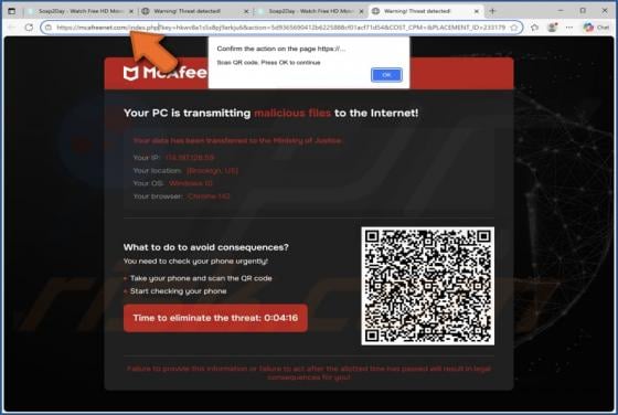 McAfee - Your PC Is Transmitting Malicious Files POP-UP Scam