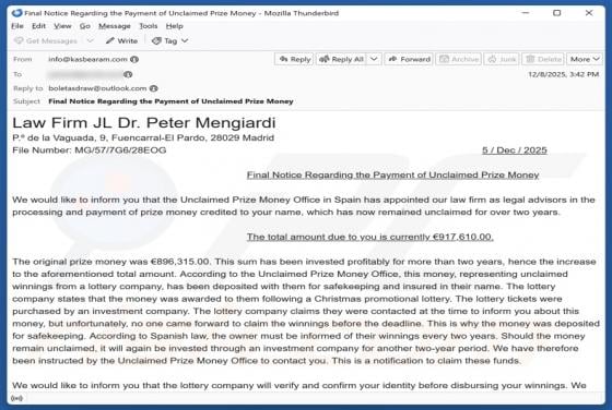 Unclaimed Prize Money Email Scam