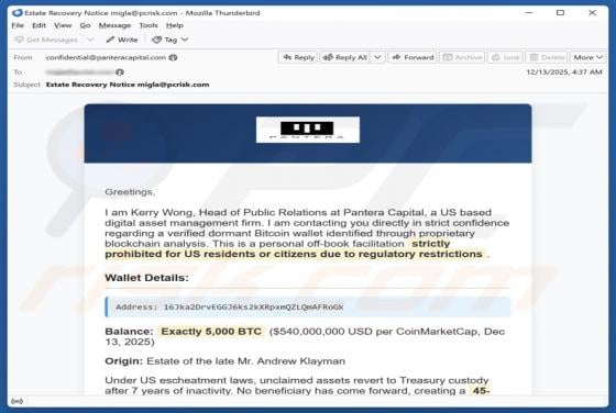 Pantera Capital - Estate Recovery Email Scam