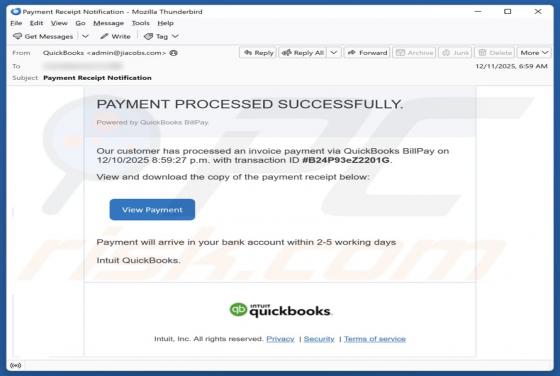 Intuit QuickBooks - Payment Processed Successfully Email Scam