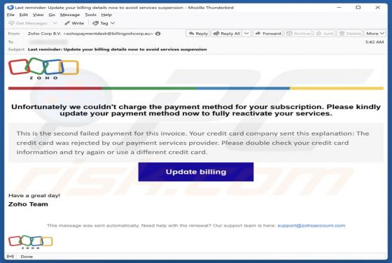 Zoho - Update Your Payment Method Email Scam