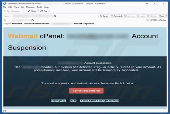 cPanel Account Suspension Email Scam