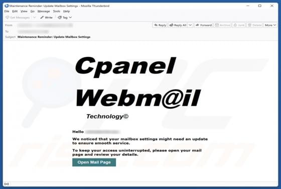 cPanel Mailbox Settings Might Need An Update Email Scam