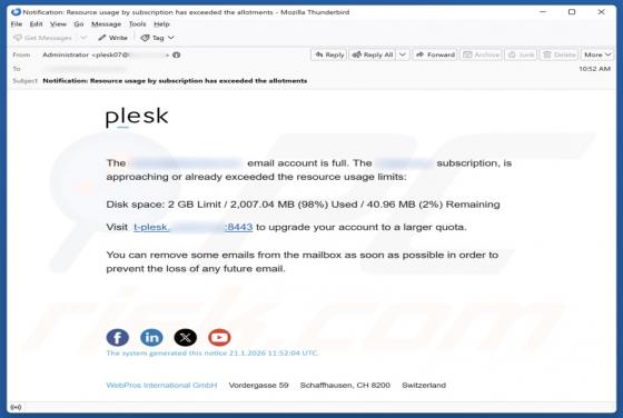 Plesk - Resource Usage Limits Email Scam