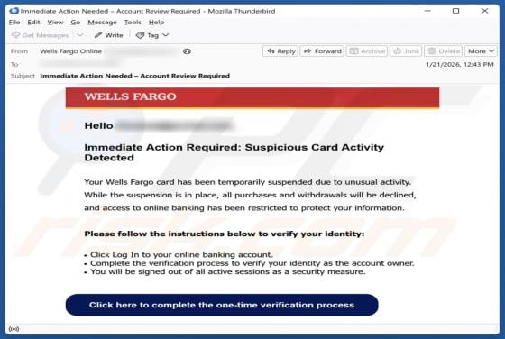 Wells Fargo - Suspicious Card Activity Detected Email Scam