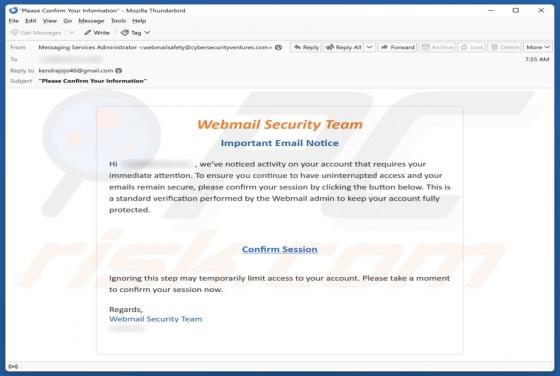Webmail Security Team - Important Email Notice Scam