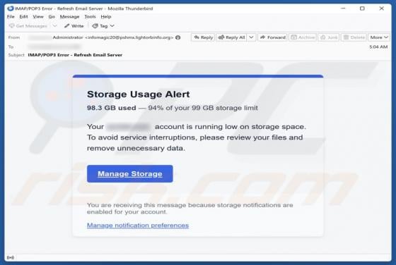Storage Usage Alert Email Scam