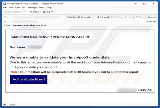 IMAP/POP3 Mail Server Verification Failure Email Scam