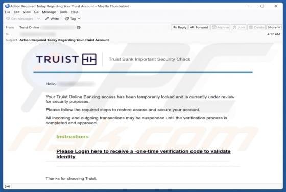 Truist - Online Banking Access Locked Email Scam