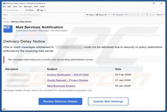 Mail Services Notification - Delivery Delay Notice Email Scam
