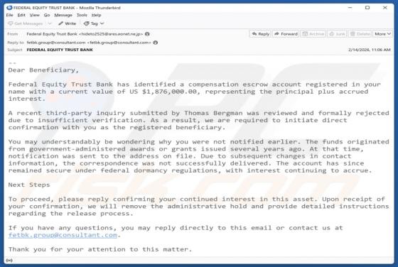 Federal Equity Trust Bank Compensation Email Scam