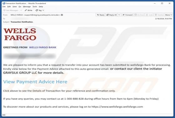 Wells Fargo - Transfer Request Email Scam