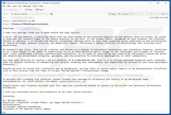 Philanthropic Financial Gift Email Scam