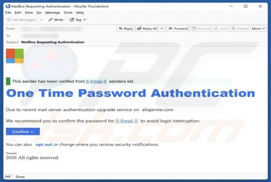 One Time Password Authentication Email Scam