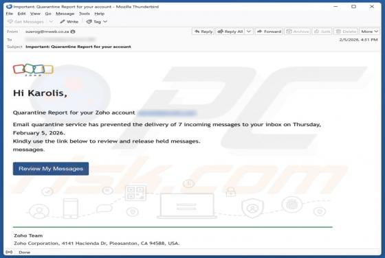 Quarantine Report For Your Zoho Account Email Scam