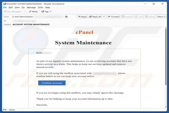 cPanel System Maintenance Email Scam