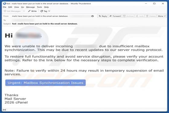 cPanel - Insufficient Mailbox Synchronization Email Scam