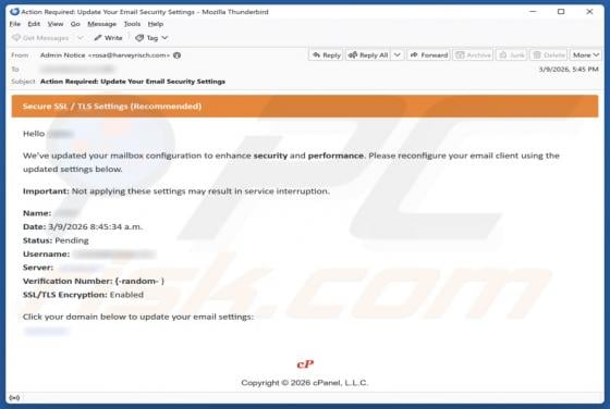 cPanel - Secure SSL / TLS Settings Email Scam