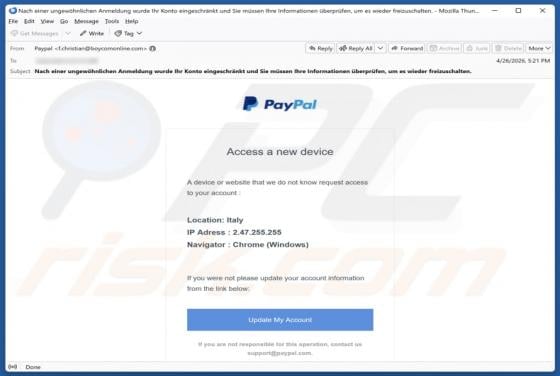 PayPal - Access From A New Device Email Scam