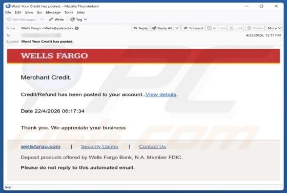 Wells Fargo Credit/Refund Email Scam