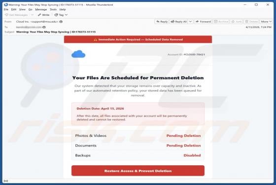 Cloud Files Are Scheduled For Permanent Deletion Email Scam