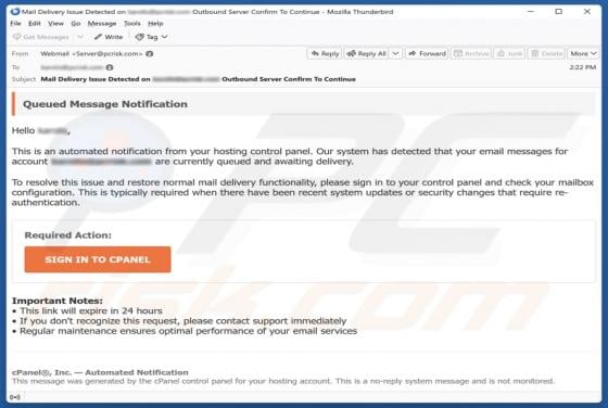 cPanel Account Authentication Email Scam