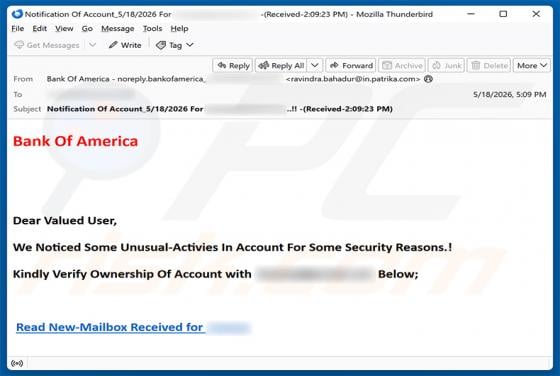 Bank Of America - Unusual Activities In Account Email Scam