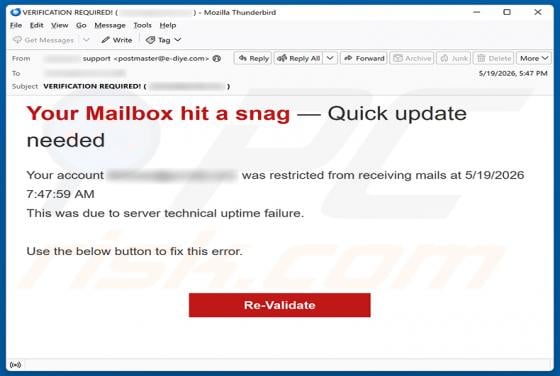 Your Mailbox Hit A Snag - Quick Update Needed Email Scam