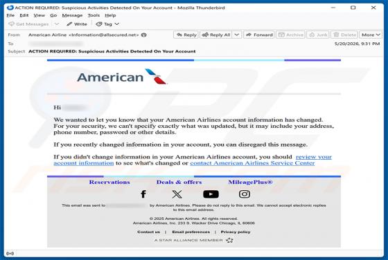 American Airlines Account Information Has Changed Email Scam