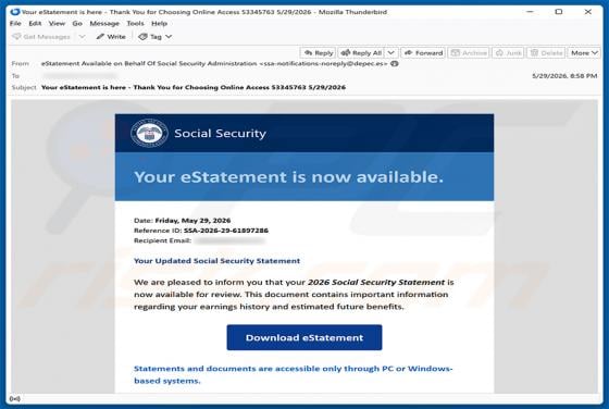 Social Security Administration eStatement Is Available Email Virus