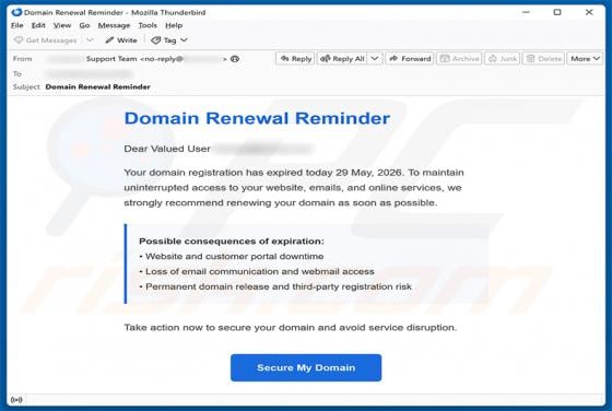 Domain Renewal Reminder Email Scam