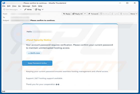 cPanel Password Verification Email Scam