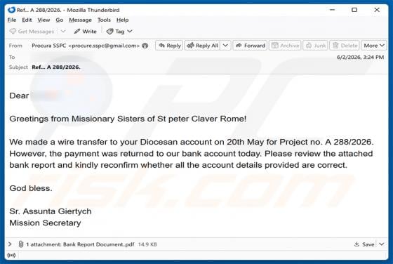 Wire Transfer To Your Diocesan Account Email Virus