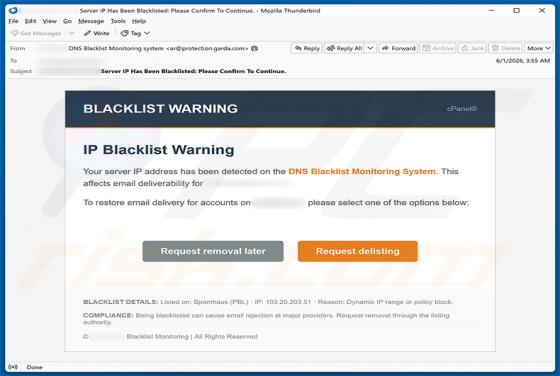 cPanel - IP Blacklist Warning Email Scam