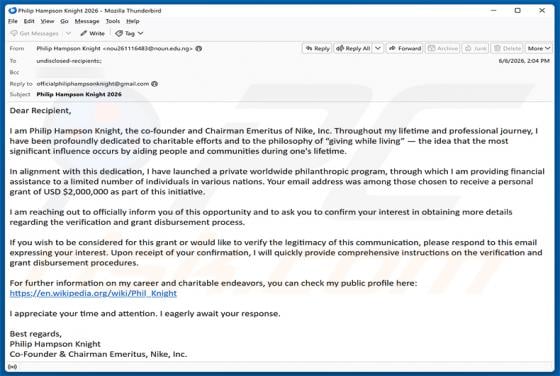 Private Worldwide Philanthropic Program Email Scam