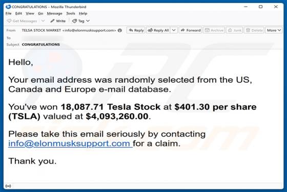 You've Won Tesla Stock Email Scam