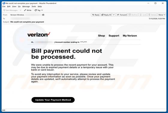 Verizon Bill Payment Could Not Be Processed Email Scam