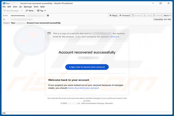 Account Recovered Successfully Email Scam