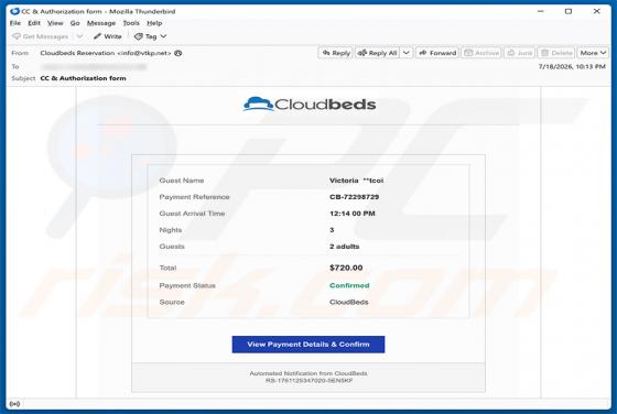Cloudbeds Payment Details Email Scam