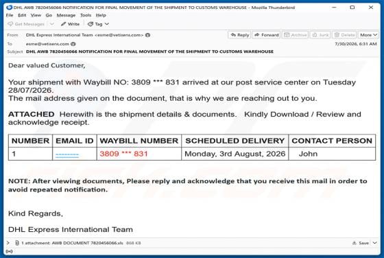 DHL Express - Shipment Arrived Email Virus