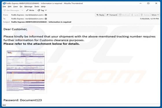 FedEx Shipment Tracking Number Requires Information Email Virus