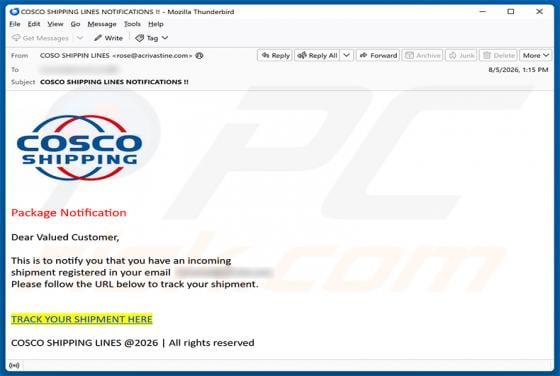Cosco Shipping Package Notification Email Scam