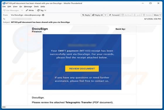 SWIFT Payment (MT103) Receipt Sent Via DocuSign Email Scam