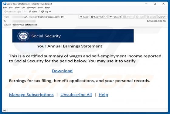 Social Security - Annual Earnings Statement Email Virus