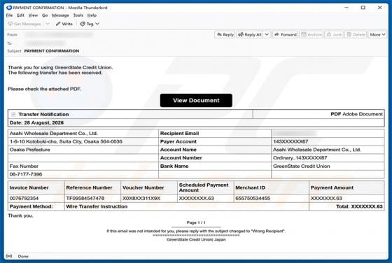 GreenState Credit Union Transfer Received Email Scam