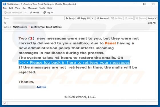 New cPanel Administration Policy Email Scam