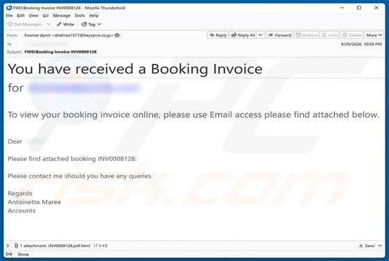 Booking Invoice Email Scam